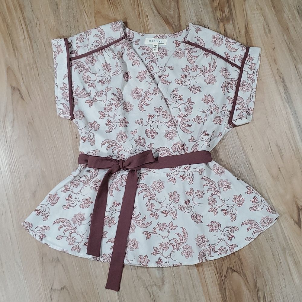 🔺️Monteau Cream & Brown Floral Print Short Sleeve Top Medium